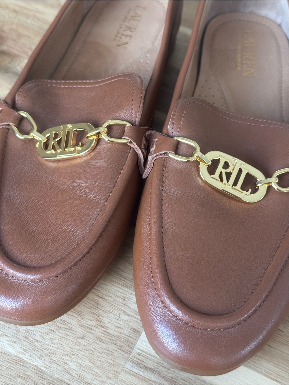 Ralph Lauren Brown Leather Slip-On Loafers with Gold Logo women’s size 10 - Picture 9 of 9
